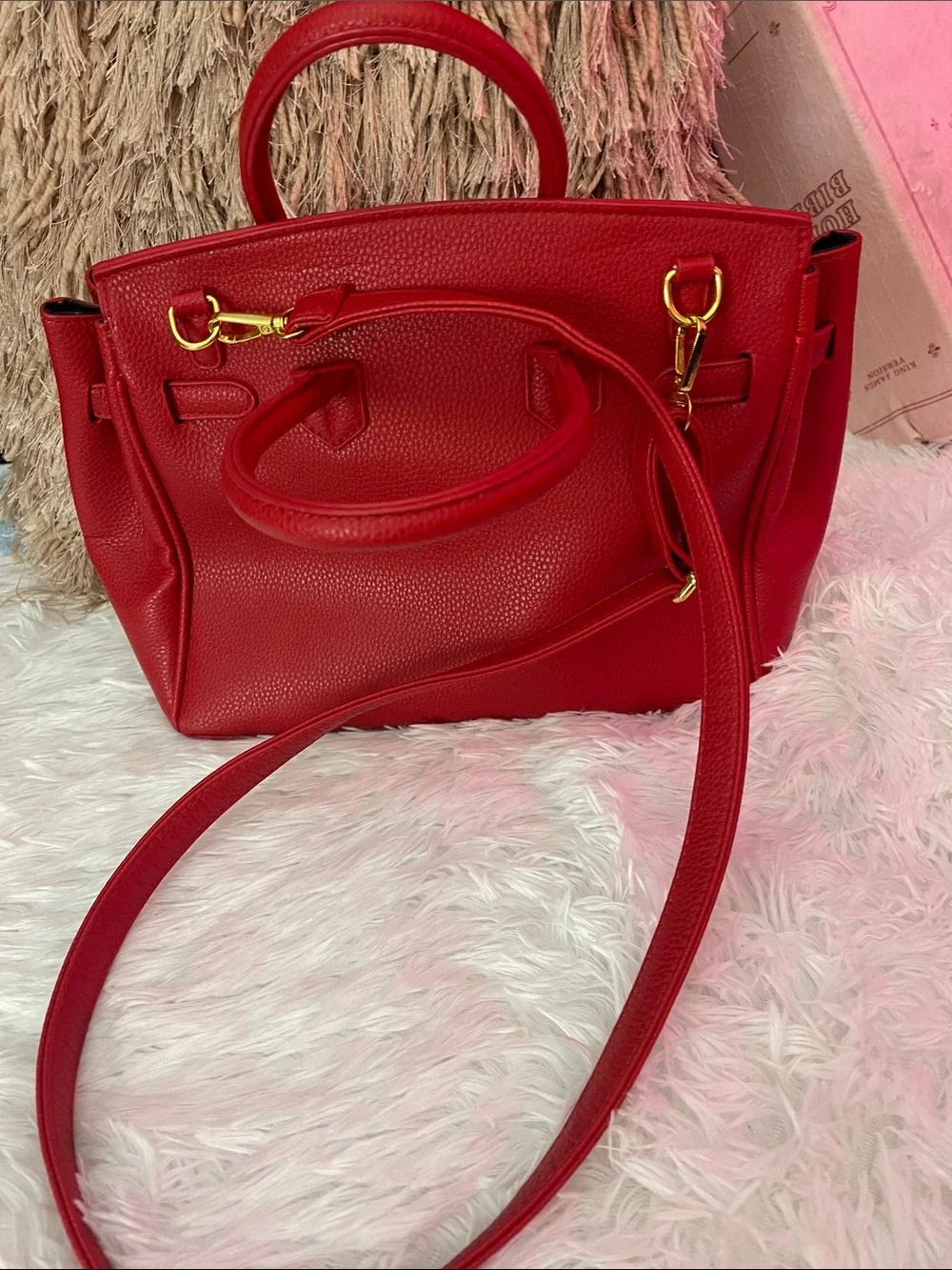 Red Women's Structured Satchel Handbag with Gold Hardware